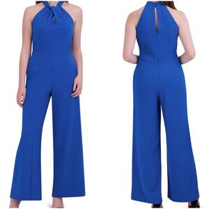 Julia Jordan Sleeveless Halter Jumpsuit Size 10 Blue Crepe Wide Leg NWT JJ36624